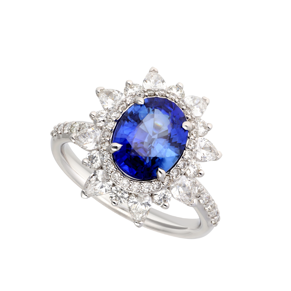 DAISY RING WITH OVAL CUT SAPPHIRE AND DIAMONDS WHITE GOLD