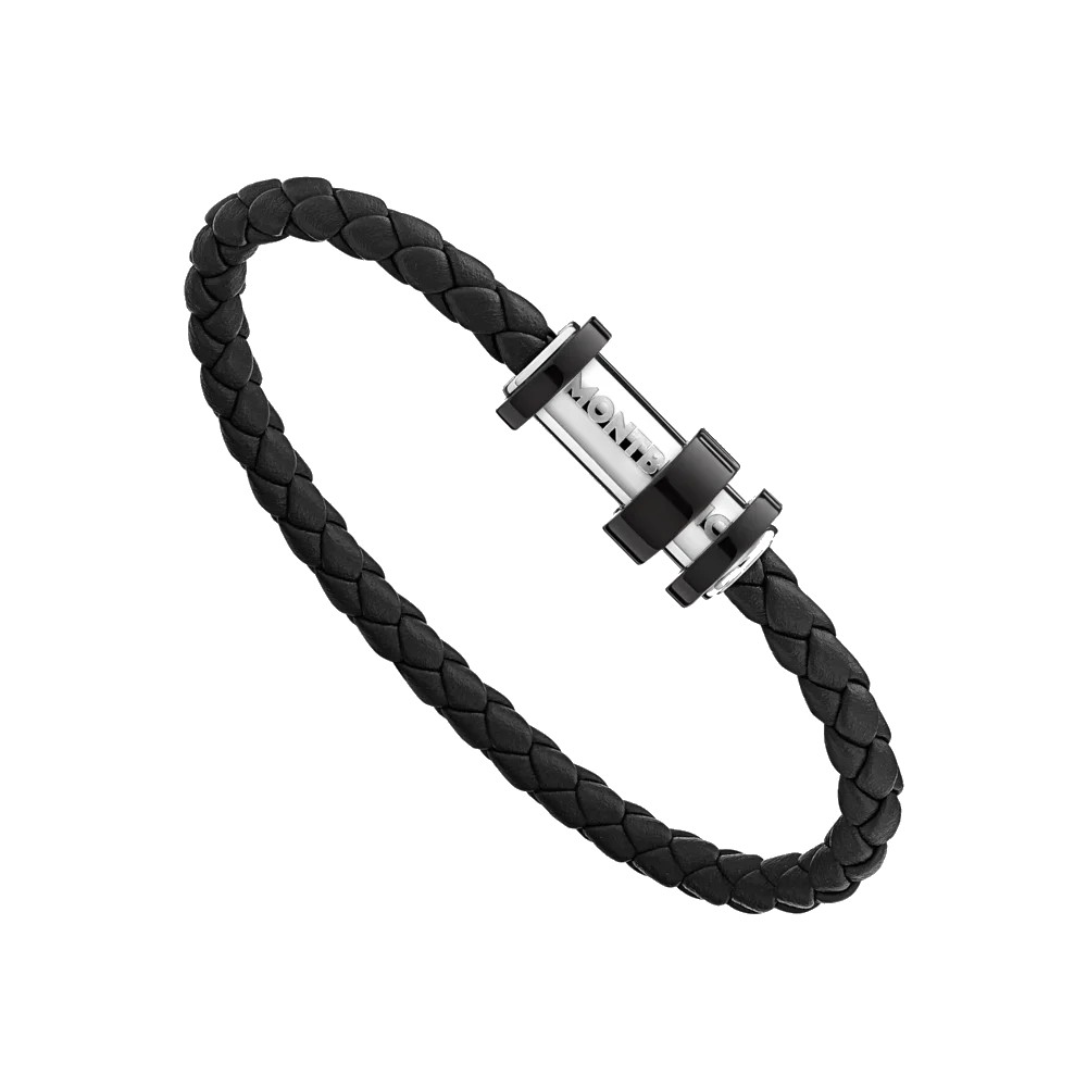 Bracelet in woven black leather with steel closure, black PVD